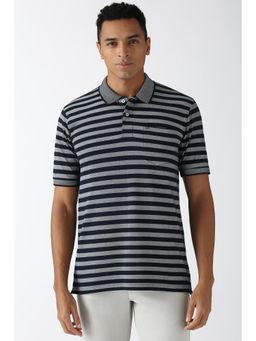 Peter England - Men Grey Stripe Collar Neck Polo T-Shirt