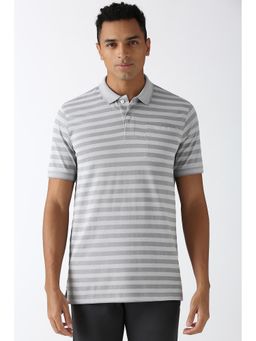Peter England - Men Grey Stripe Collar Neck Polo T-Shirt