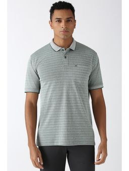 Peter England - Men Grey Stripe Collar Neck Polo T-Shirt