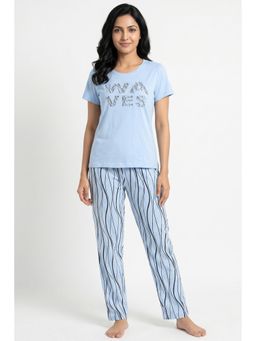 Zivame - Wavy Stripes Knit Cotton T-shirt with Pyjama - Ice Water