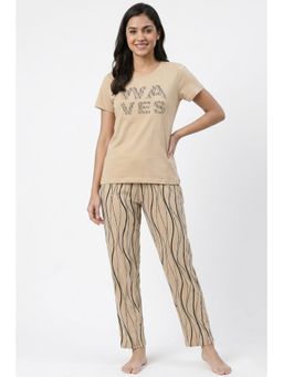 Zivame - Wavy Stripes Knit Cotton T-shirt with Pyjama - Warm Sand