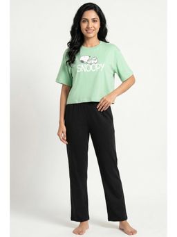Zivame - Peanuts Knit Cotton T-shirt with Pyjama - Quiet Green