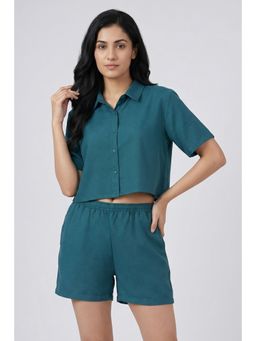 Zivame - Mock Linen Woven Shirt with Shorts - Mediterranean