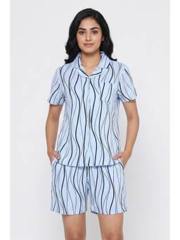 Zivame - Wavy Stripes Knit Cotton Shirt with Shorts - Ice Water