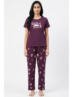 Zivame - Farm Lore Knit Cotton T-shirt with Pyjama - Plum Purple