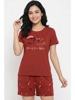 Zivame - Farm Lore Knit Cotton T-shirt with Shorts - Burnt Brick