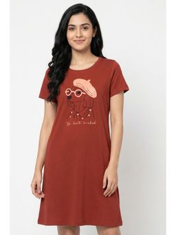 Zivame - Farm Lore Knit Cotton Knee Length Nightdress With In Built Slip On Bra - Burnt Brick