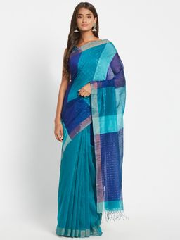 Fabindia - Blue Linen Blend Woven Saree without Blouse