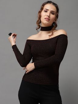 SHOWOFF - Womens Off-shoulder Maroon Bardot Regular Top