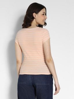 American Eagle - Women Orange Hey Baby Stripes Short-Sleeves Ribbed T-Shirt