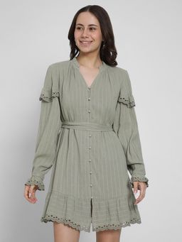 American Eagle - Women Green Long-Sleeve Button-Up Ruffle Mini Dress with Belt (Set of 2)