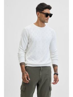 Snitch - White Self-Design Slim Fit Sweater