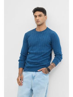 Snitch - Dark Blue Self-Design Slim Fit Sweater