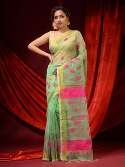 CHARUKRITI - Mint Green Muslin Handwoven Woven Motifs and Zari Borders Saree with Unstitched Blouse