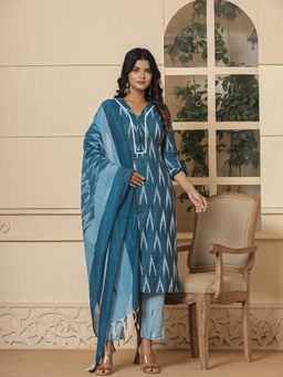 Yufta - Blue Ikat Print Straight Strappy Kurta and Pants with Dupatta (Set of 3)