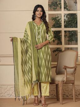 Yufta - Dark Green Ikat Print Straight Kurta and Pants with Dupatta (Set of 3)
