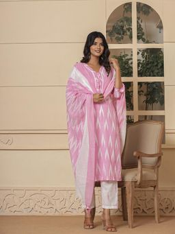 Yufta - Pink Ikat Print Straight Strappy Kurta and Pants with Dupatta (Set of 3)