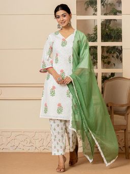 Yufta - White Cotton Floral Print Kurta and Pants with Dupatta (Set of 3)