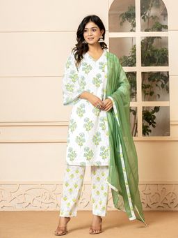 Yufta - Green Blue Cotton Floral Print Kurta and Pants with Dupatta (Set of 3)