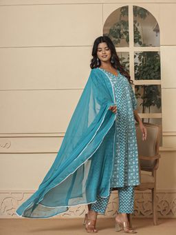 Yufta - Blue Ethnic Motifs Cotton Anarkali Kurta and Pants with Dupatta (Set of 3)
