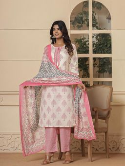 Yufta - Cotton Pink & White Kurta and Pants with Dupatta (Set of 3)