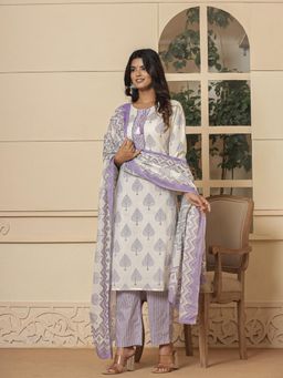 Yufta - Cotton Purple & White Kurta and Pants with Dupatta (Set of 3)