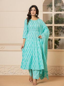 Yufta - Turquoise Embroidered Anarkali Kurta Trousers with Dupatta (Set of 3)