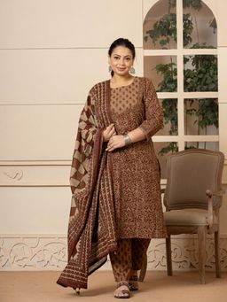 Yufta - Cotton Brown Kantha Work Plus Size Kurta and Pants with Dupatta (Set of 3)