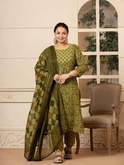 Yufta - Cotton Green Kantha Work Plus Size Kurta and Pants with Dupatta (Set of 3)