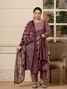 Yufta - Cotton Purple Kantha Work Plus Size Kurta and Pants with Dupatta (Set of 3)