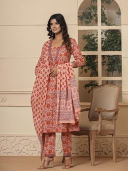 Yufta - Peach Cotton Sequins Work Kurta and Pants with Dupatta (Set of 3)