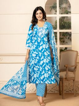 Yufta - Blue Embroidery Cotton Straight Kurta and Pants with Dupatta (Set of 3)
