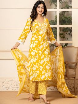 Yufta - Mustard Embroidery Cotton Straight Kurta and Pants with Dupatta (Set of 3)
