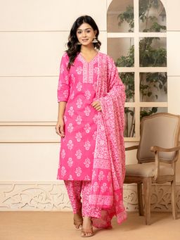 Yufta - Pink Sequins Work Straight Kurta and Pants with Dupatta (Set of 3)
