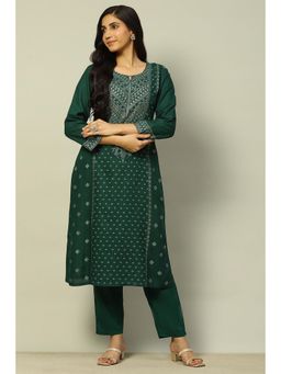 Rangriti - Dark Green Rayon Straight Printed Kurta and Pants (Set of 2)
