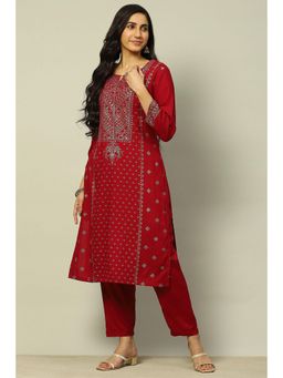 Rangriti - Red Rayon Straight Printed Kurta and Pants (Set of 2)