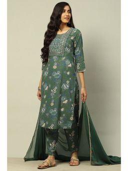 Rangriti - Green Cotton Lurex Straight Printed Kurta and Pants with Dupatta (Set of 3)