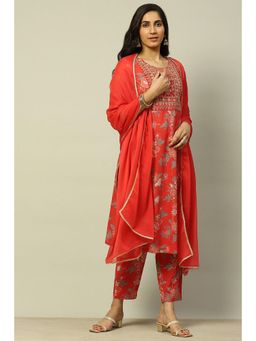 Rangriti - Red Cotton Lurex Straight Printed Kurta and Pants with Dupatta (Set of 3)