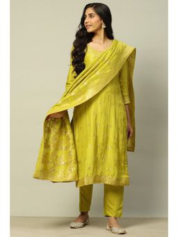 Rangriti - Green Straight Yarn Dyed Kurta and Pants with Dupatta (Set of 3)