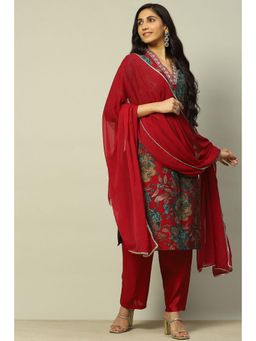 Rangriti - Red Viscose Blend Straight Printed Kurta and Pants with Dupatta (Set of 3)