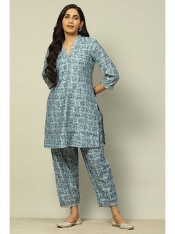 Rangriti - Blue Viscose Blend Straight Printed Co-Ord (Set of 2)