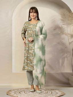 Stylum - Womens Green Tropical Printed Blend Straight Kurta and Pants with Dupatta (Set of 3)