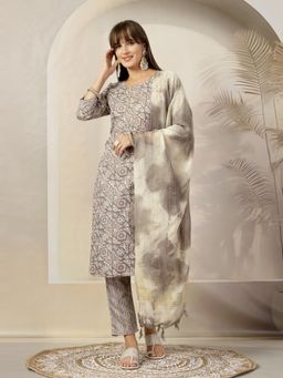 Stylum - Womens Grey Ethnic Printed Blend Straight Kurta and Pants with Dupatta (Set of 3)