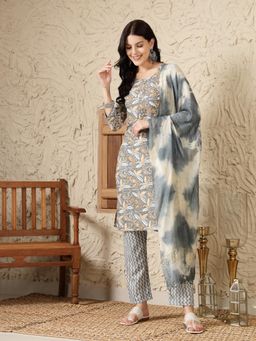 Stylum - Womens Grey Tropical Printed Blend Straight Kurta and Pants with Dupatta (Set of 3)