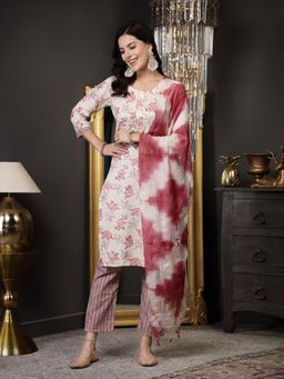 Stylum - Womens Pink Tropical Printed Blend Straight Kurta and Pants with Dupatta (Set of 3)