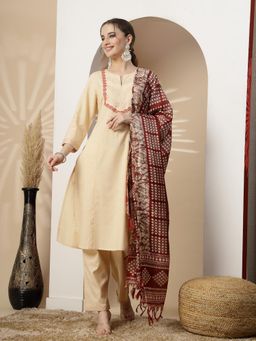 Nayam by lakshita - Beige Embroidered Calf Length Kurta and Pants with Dupatta (Set of 3)