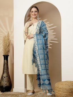 Nayam by lakshita - Cream Embroidered Calf Length Kurta and Pants with Dupatta (Set of 3)