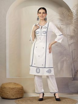 Nayam by lakshita - Ethnic Embroidered Cotton Linen Kurta and Pants (Set of 2)