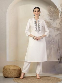 Nayam by lakshita - Ethnic Embroidered Straight Cotton Linen Kurta and Pants (Set of 2)