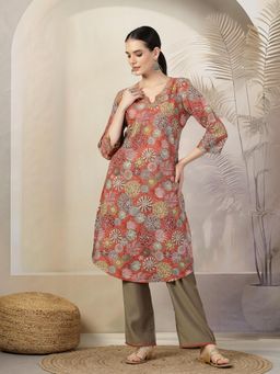 Nayam by lakshita - Red Floral Printed A-Line Kurta and Pants (Set of 2)